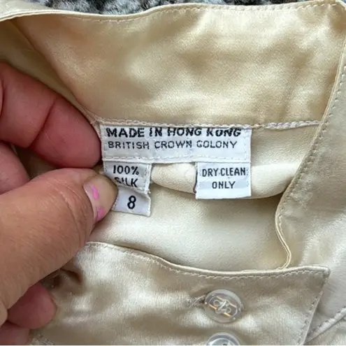 Vintage British Crown Colony Silk Button Down Pleated Blouse Cream 8