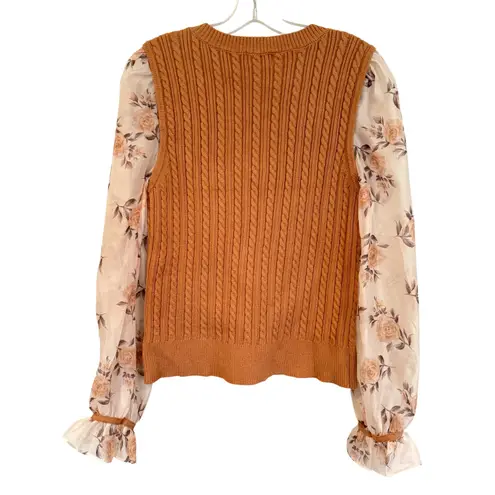 Fate Cable Knit Sweater Floral Puff Sleeve Women's Medium Brown Career Feminine