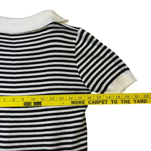 Black White Striped Polo Collar Short Sleeve Knit Top Women's Medium