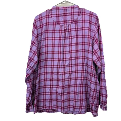 LL Bean Pink Plaid Flannel Pleated Button Up Long Sleeve Top Size XL