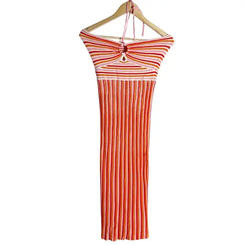 AMUR Valena Red Orange Pink Striped Knit Halter Neck Sleeveless Midi Dress Small