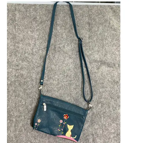 Espe Vegan Leather Cat Floral Crossbody Bag Blue Whimsical Applique Purse