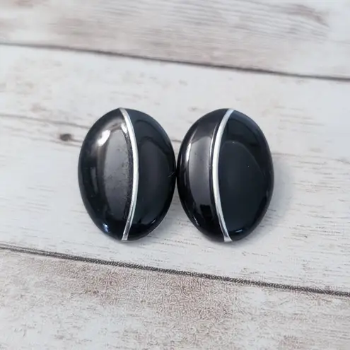 Vintage Stud Earrings For Pierced Ears Black & Silver Tone Statement Oval Retro