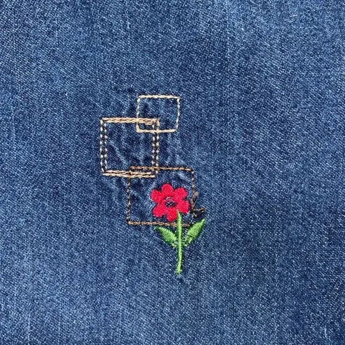 Vintage Denim Sleeveless Jumper Dress Pink Embroidered Floral Design Scoopneck Blue Size M