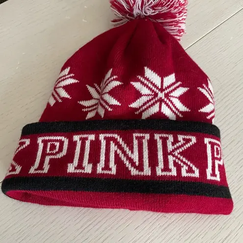 PINK - Victoria's Secret Victoria's Secret PINK Beanie Pom-Pom Snowflake Plush Lined Red One Size