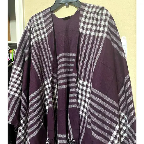 V. Fraas  Womens Poncho Sweater One Size Purple Plaid Fringe Ruana Wrap