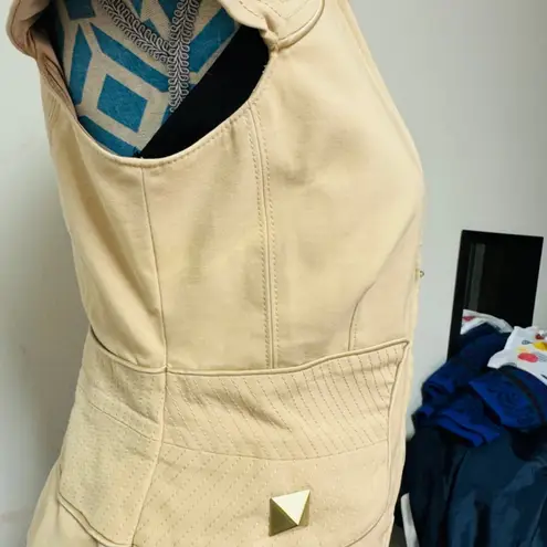 Marciano Blazer Women 10 Tan Deep V Zip Front Gold Studs Cap Sleeves Peplum Back