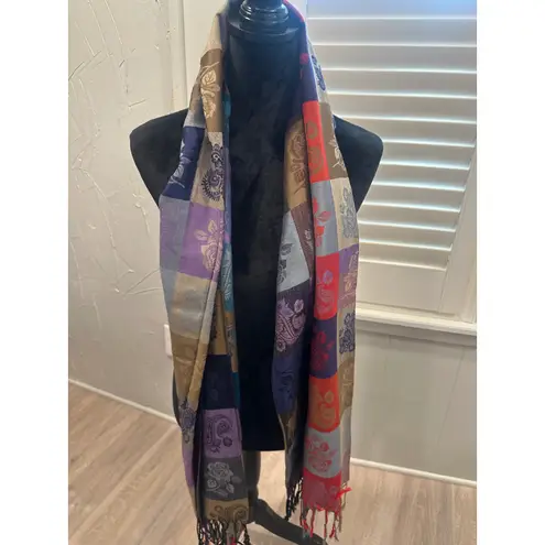Pashmina 100% Scarf Patchwork Floral Print Purple Gold Blue Fringe boho winter