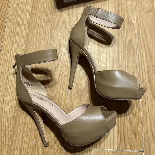 Dream Paris NWB Stiletto nude heels ankle strap platform peep toe women 8