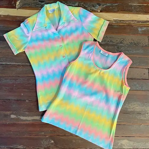 Vintage 70s Sunny South Retro Rainbow Chevron Button Up Blouse & Tank Set 💛🎀 Pink Size M