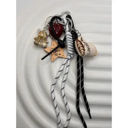 Cute Coffee Cup & Bear Keychain Set with Heart Charm and Ropes – Aesthetic Bag