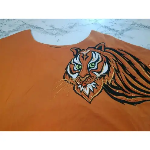 Bob Mackie Size L Mustard Tiger Embroidered Sequins Dolman Sleeve Tee Top