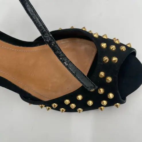 Schutz Dionise Heels Size 8.5 Black Nubuck Gold Stud Spike Open Toe Block Strap