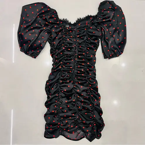 For Love & Lemons  Melrose Polka Dot Dress Black Red Ruched Satin Blogger Fave