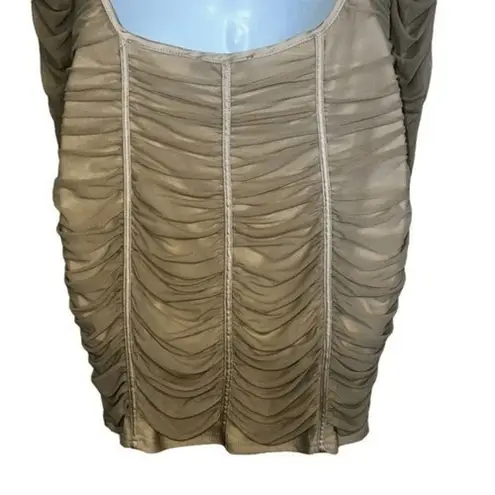 Pretty Little Thing  Taupe Mesh L/S ‎ Ruched Open Back Bodycon Dress EUC Size 10