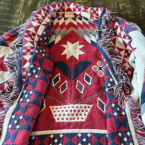 Southwest Fringe Blanket Coat Cardigan Jacket Chunky One Size Red Blue Boho Size L