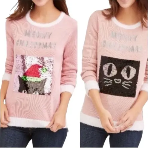 Holiday Time MEOWY CHRISTMAS INTERCHANGEABLE SEQUIN CAT PINK KNIT SWEATER WOMEN SIZE SMALL