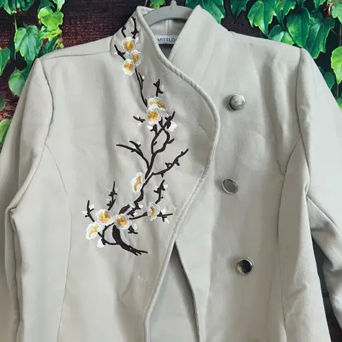 Misslook Long Jacket L/XL Whimsical Floral Tree Branch Beige Fall Trench Coat Brown