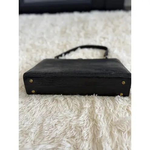 Vintage 50s Style Top Handle Handbag Black Lizard Print Purse Gold Hardware