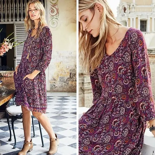 Garnet Hill Floral Paisley Bohemian Pocket-Detail 3/4 Sleeve Dress Purple Sz 14