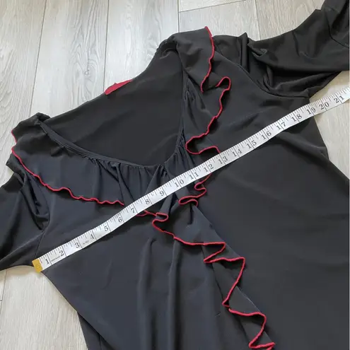 Vintage Y2K Nally & Millie Flare 3/4 Bell Sleeve Red Ruffle Trim V Neck Blouse Black Size L