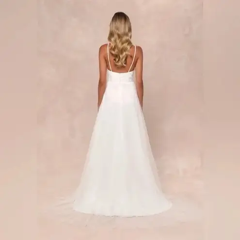 Lulus Love Perfection White Lace Tulle Pearl Beaded Maxi Dress Size M Size M