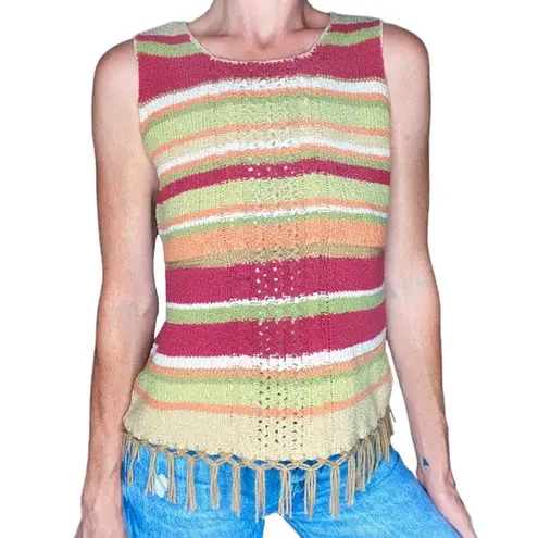 Susan Bristol Vintage Crochet Stripe Bohemian Silk Fringe Tank Top
