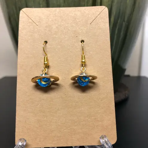 Glittery Blue Saturn Planet Earrings Gold