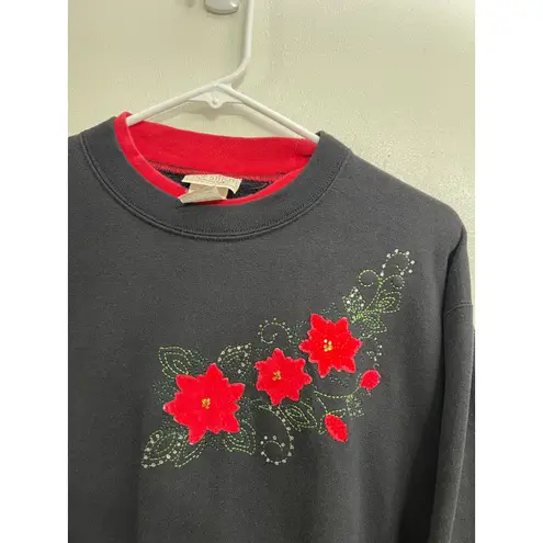 Vintage Morning Sun Top Stitch Poinsettia Grandma Christmas Holiday Sweater L Black Size L