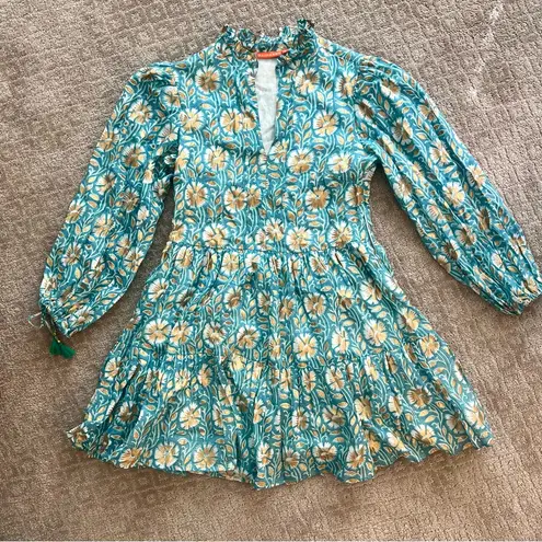 NWOT Oliphant Teal Floral Tiered Mini Dress Hand Block Print, Size Small Blue