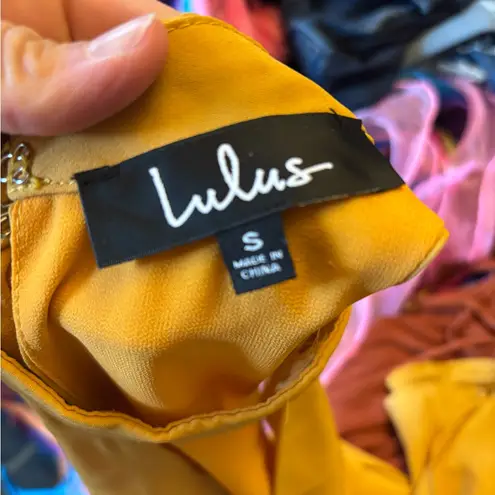 Lulus  Groove Thing golden yellow swing dress with a mock neck and front cutout