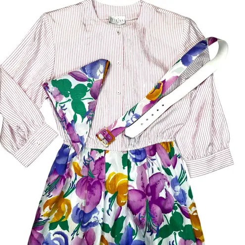 Vintage 80s Petrina Floral Stripe Dress sz Medium Belt Scarf Set Pockets Bright Pink