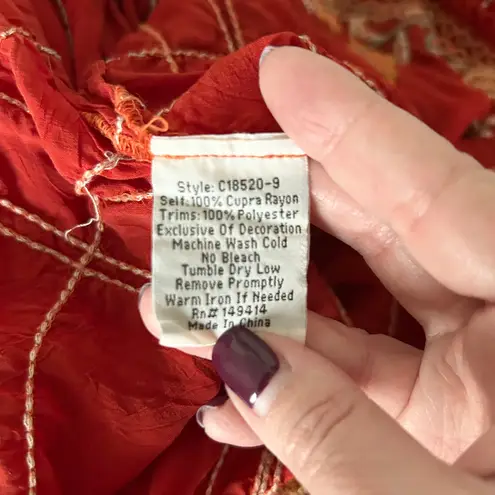 Johnny Was Red Embroidered Grid 3/4 Sleeve Tunic Blouse Top Size XS