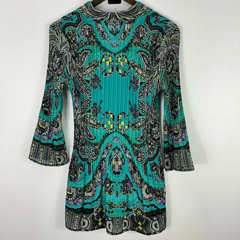 Alfani Blouse 8 Teal Black Boho Paisley Pleated Bell Sleeve Career Tunic Top Y2K