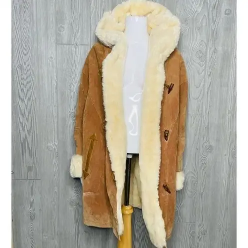 Copper collection leather faux fur lined jacket coat horn type buttons hooded sm Tan