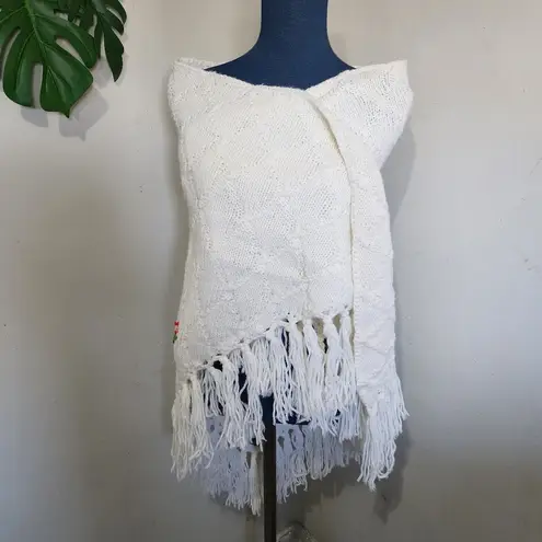 Hand Crochet Granny Fringe Shawl with flowers White Size undefined