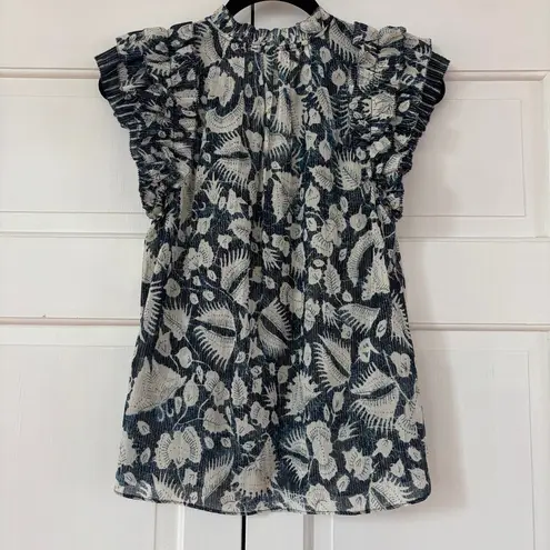 Ulla Johnson Dira Top Indigo Metallic Ruffle Size 0 Flutter Sleeve Tassel Tie