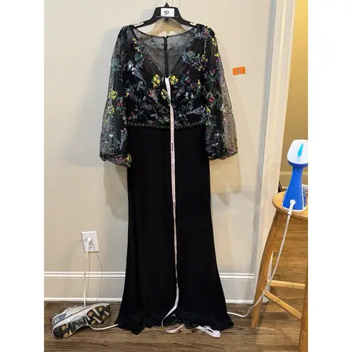 Mac Duggal 79379 Embroidered Illusion Puff Sleeve Column Gown Size 12 Floral