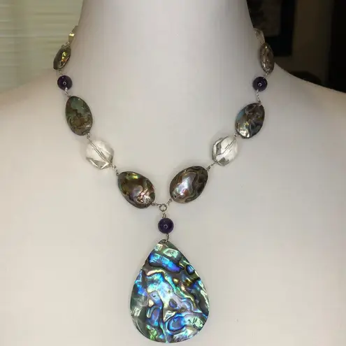 Amethyst Vintage Abalone Crystal Necklace with Abalone Teardrop Pendant
