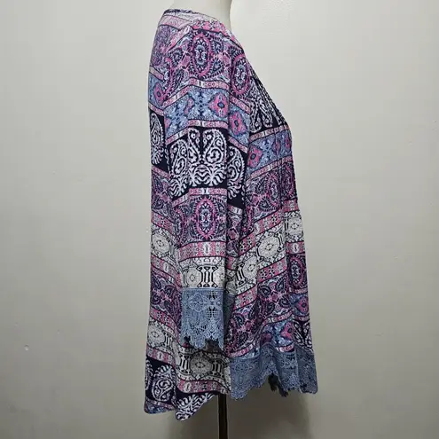 Emerald Blue & Magenta Geo Lace Trim Gauze Blouse Size Medium