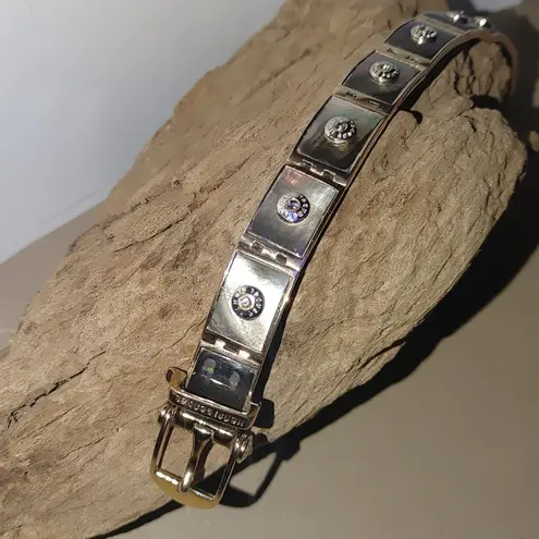 Hendi Bendal Hinge Belt Buckle Bracelet MOP Signature Logo Gold Tone Rhinestone