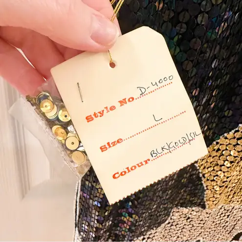 Vintage Sequin 70s Disco Midi Dress 100% Silk Iridescent Black Gold Silver L Size L