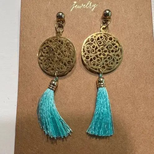 Shiraleah Chicago Gold Filigree Turquoise Tassel Statement Earrings Boho Chic Blue