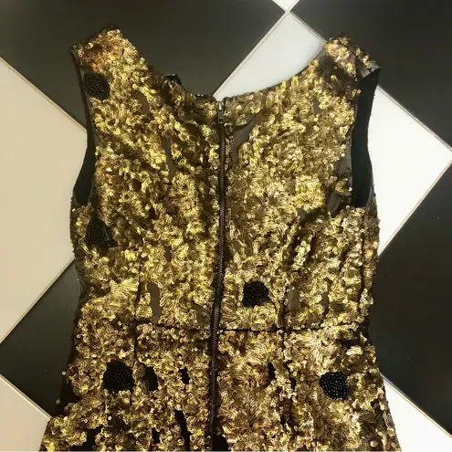 Tracy Reese Black Label Cleopatra Dress Gold Sequins Black Beaded Cutouts size 8