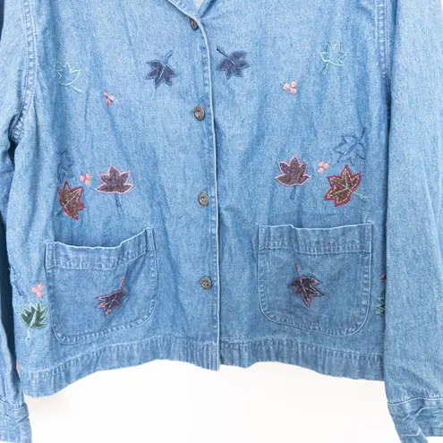 VTG Erika & Co Womens Jacket Sz L Blue Denim Embroidered Leaf Corduroy 90s Fall Size L - Image 4