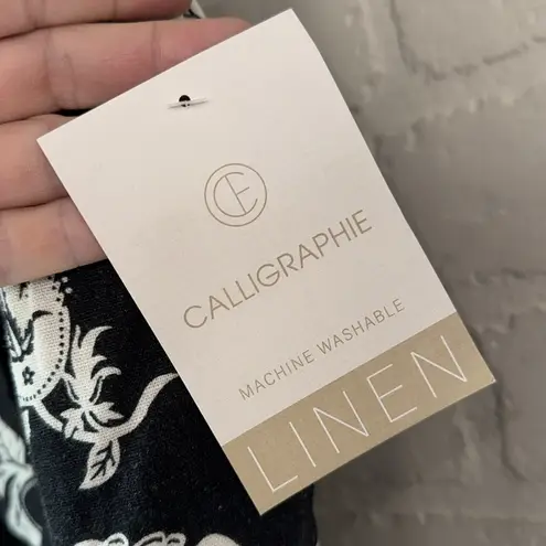 Linen Pants Calligraphie 2x sash belt detail Black White Floral pull on NEW