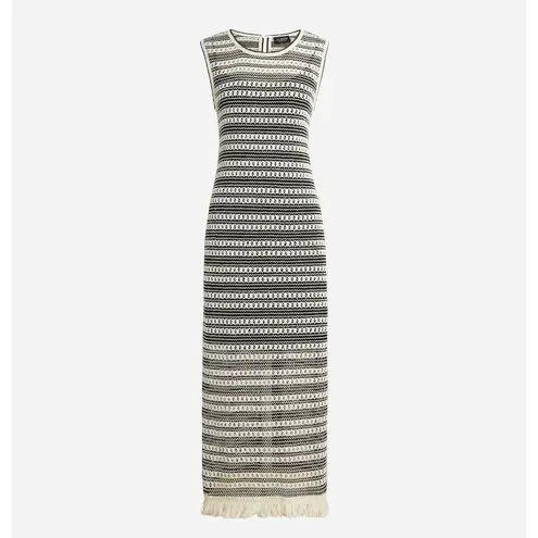 J.Crew  Collection Crochet Midi Dress Striped Ivory Black Fringe Resort M NWT