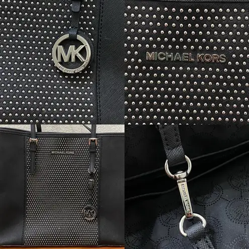 Michael Kors MICHAEL  Black Micro Stud Center Stripe Jet Set Travel Tote Bag