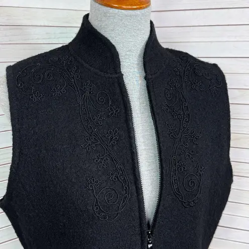 Alfred Dunner Embroidered Beaded Full Zip Mock Neck Boucle Wool Vest Black Small