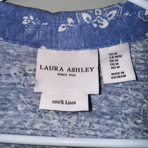 Laura Ashley Woman’s Polo Top 100% Linen Sz M Blue White Floral Short Sleeve